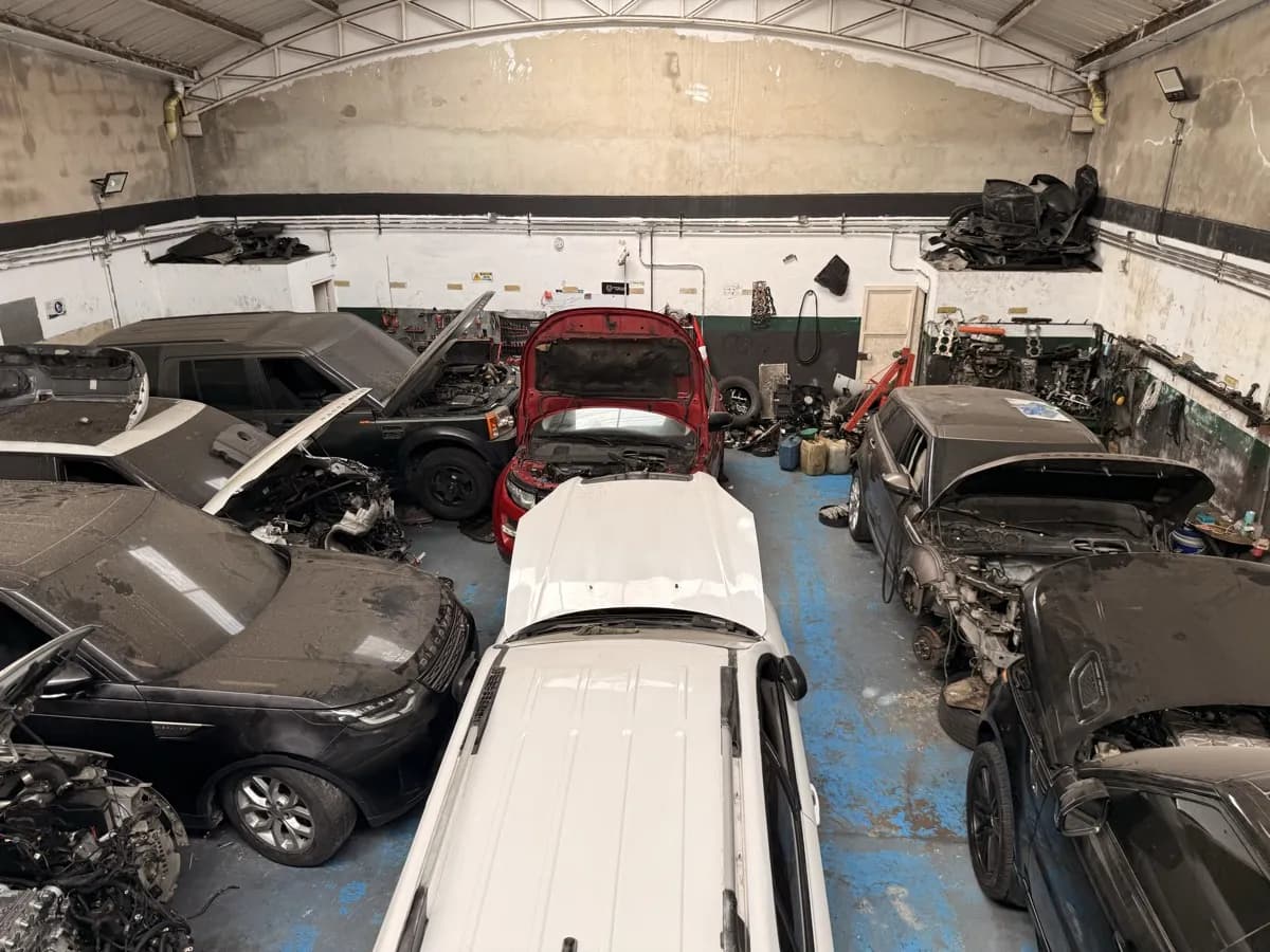 Interior del taller — múltiples vehículos en servicio simultáneo